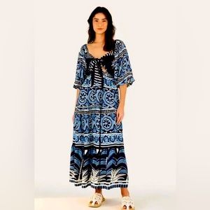 Farm Rio Blue Tones Stripe Midi Dress (S)